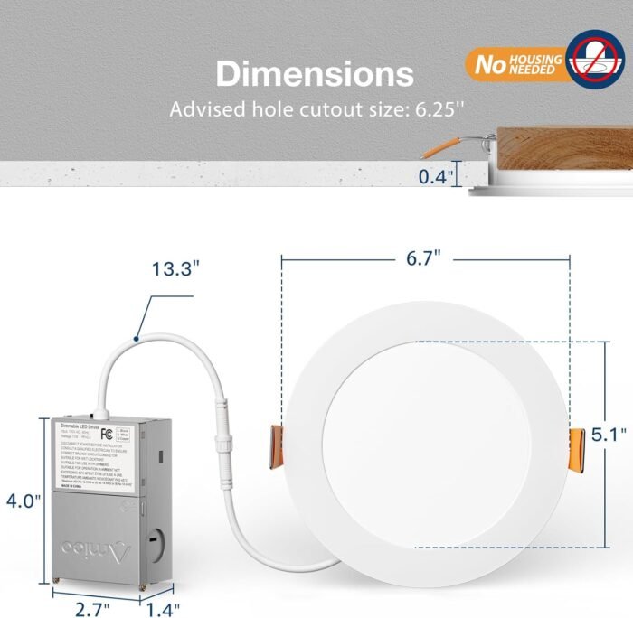 Amico 6 Pack 6 Inch 5CCT Ultra-Thin LED Recessed Ceiling Light with Junction Box, 2700K/3000K/3500K/4000K/5000K Selectable, 12W Eqv 110W 1050LM Brightness Dimmable Canless Wafer Downlight, ETL & FCC - Image 6