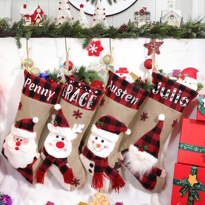 Dreamdecor Christmas Stockings Personalized with Name, 18" Christmas Stocking Deer Gnome Santa Snowman Burlap Plaid Xmas Stocking Holiday Christmas Decoration Gifts for Family Kids - Image 2