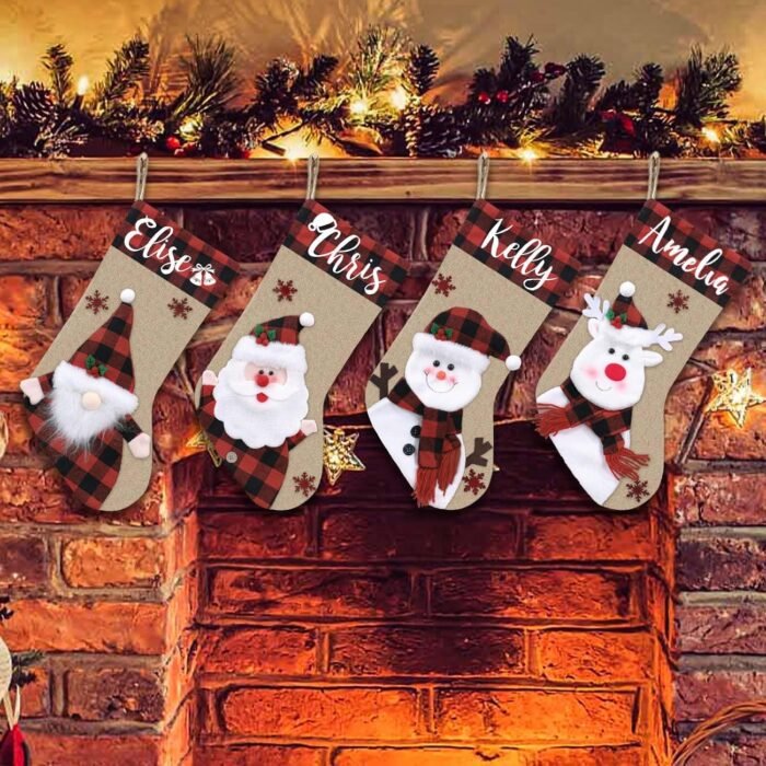 Dreamdecor Christmas Stockings Personalized with Name, 18" Christmas Stocking Deer Gnome Santa Snowman Burlap Plaid Xmas Stocking Holiday Christmas Decoration Gifts for Family Kids - Image 3