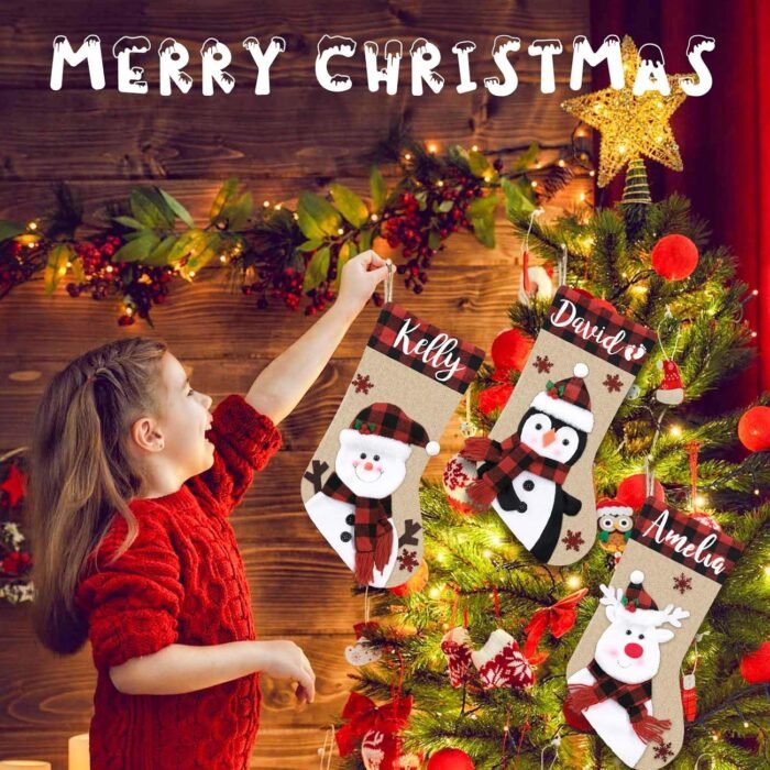 Dreamdecor Christmas Stockings Personalized with Name, 18" Christmas Stocking Deer Gnome Santa Snowman Burlap Plaid Xmas Stocking Holiday Christmas Decoration Gifts for Family Kids - Image 4