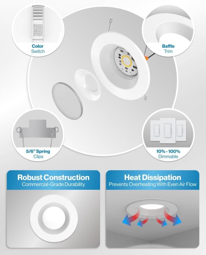 Sunco 5CCT Retrofit LED Recessed Lighting 6 Inch, 2700K/3000K/3500K/4000K/5000K Selectable, Dimmable Can Lights, Smooth Trim, 13W=75W, 965LM, Damp Rated, UL-Certified 4 Pack - Image 6