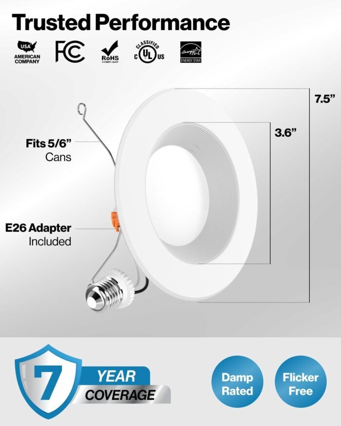 Sunco 5CCT Retrofit LED Recessed Lighting 6 Inch, 2700K/3000K/3500K/4000K/5000K Selectable, Dimmable Can Lights, Smooth Trim, 13W=75W, 965LM, Damp Rated, UL-Certified 4 Pack - Image 7
