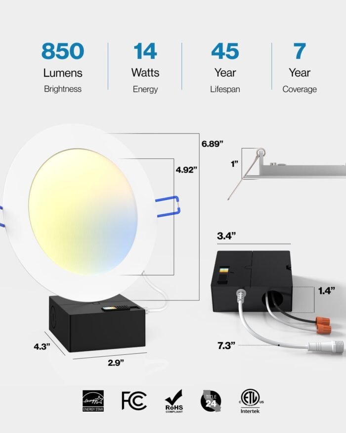 Sunco 6 Pack 6 Inch Slim LED Recessed Ceiling Lights, Selectable CCT 2700K, 3000K, 4000K, 5000K, 6000K, Dimmable, 14W, Canless with Junction Box - Image 6