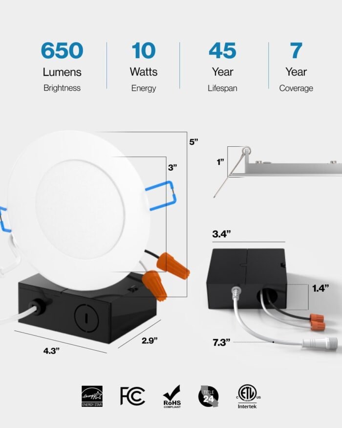 Sunco 12 Pack 4 Inch Ultra Thin LED Recessed Ceiling Lights Slim 2700K Soft White, Dimmable, 10W, Wafer Thin, Canless with Junction Box - Image 5