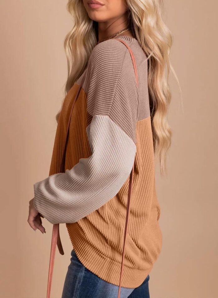 Dokotoo Womens Fashion 2024 Color Block Long Sleeve Crewneck Knitted Casual Loose Pullover Shirts Tops - Image 3
