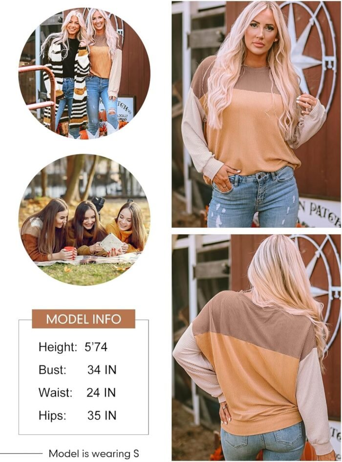 Dokotoo Womens Fashion 2024 Color Block Long Sleeve Crewneck Knitted Casual Loose Pullover Shirts Tops - Image 5