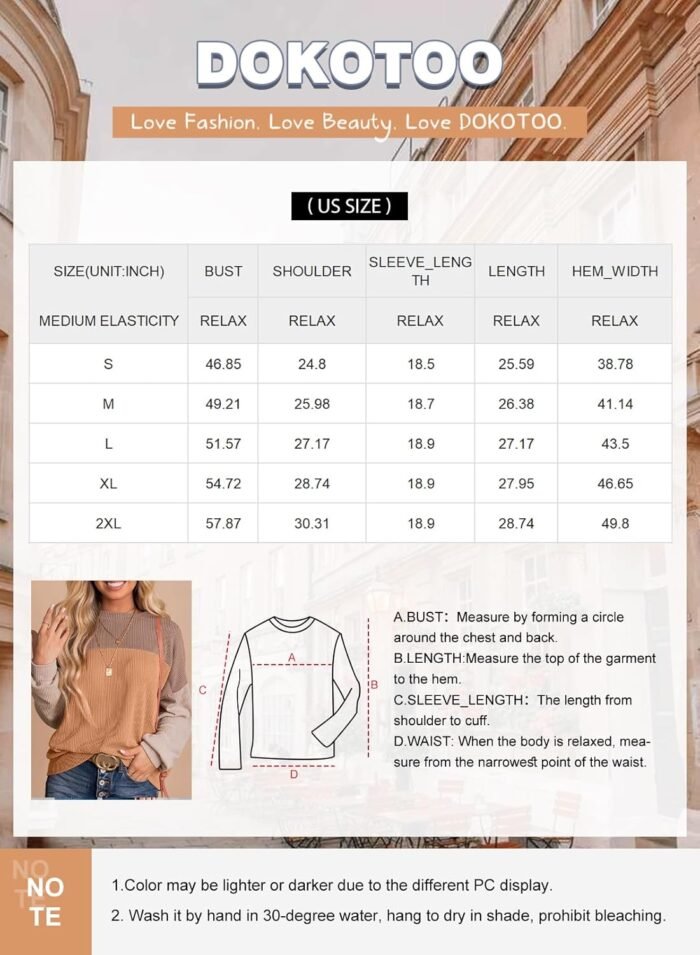 Dokotoo Womens Fashion 2024 Color Block Long Sleeve Crewneck Knitted Casual Loose Pullover Shirts Tops - Image 6