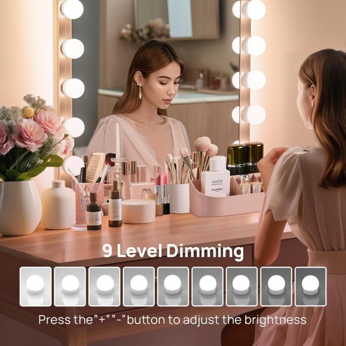 LED Vanity Lights For Mirror, Consciot Hollywood Style Lights With 14 Dimmable Bulbs, Adjustable Color & Brightness, USB Cable, Mirror Lights Stick on for Makeup Table Dressing Room Mirror,White - Image 4