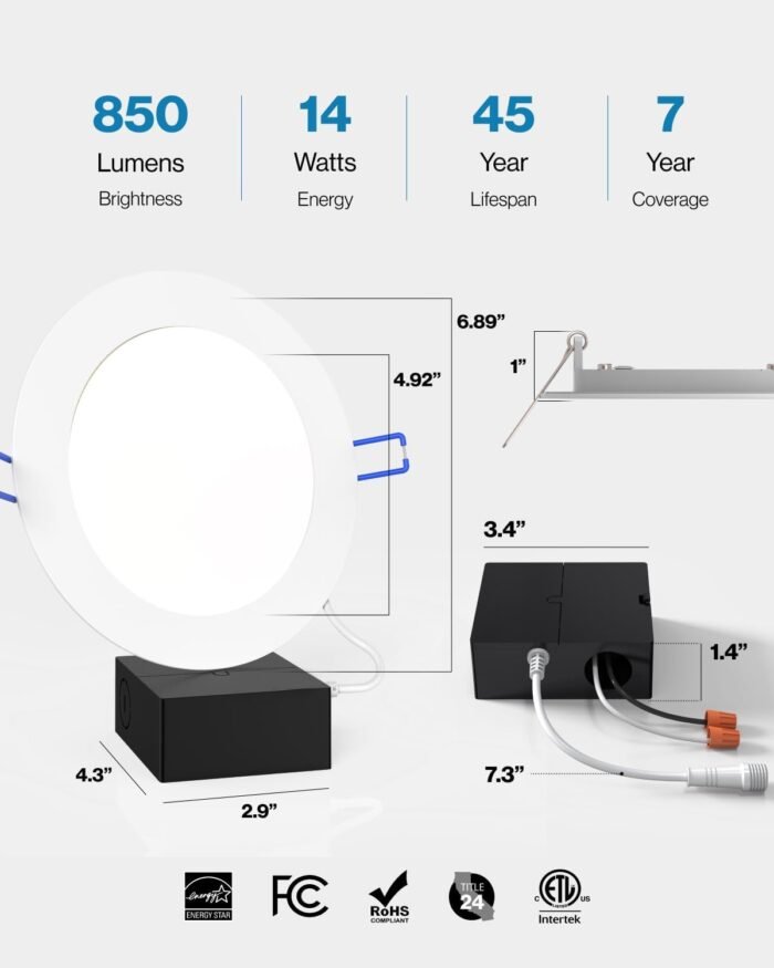 Sunco 2 Pack 6 Inch Ultra Thin LED Recessed Ceiling Lights, 5000K Daylight, Dimmable, 14W, Wafer Thin, Canless with Junction Box - Image 5