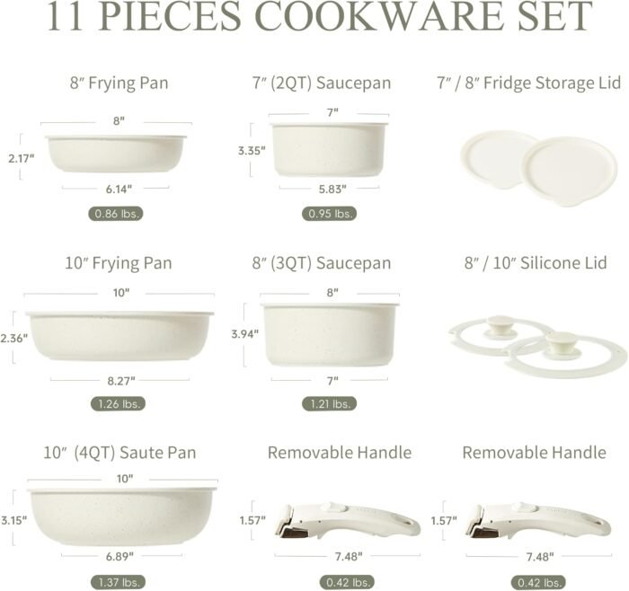 CAROTE Pots and Pans Set Non Stick, Cookware Sets, 11pcs Kitchen Set, Oven/Fridge Safe, Space Saving Pots Set, Nonstick Set with Versatile Removable/Detachable Handle, Induction RV Set, Cream White - Image 2