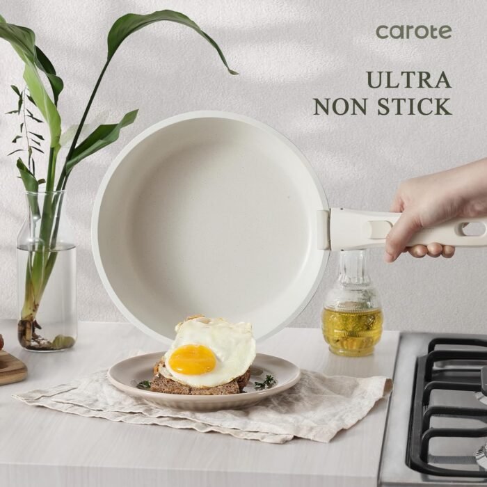 CAROTE Pots and Pans Set Non Stick, Cookware Sets, 11pcs Kitchen Set, Oven/Fridge Safe, Space Saving Pots Set, Nonstick Set with Versatile Removable/Detachable Handle, Induction RV Set, Cream White - Image 3