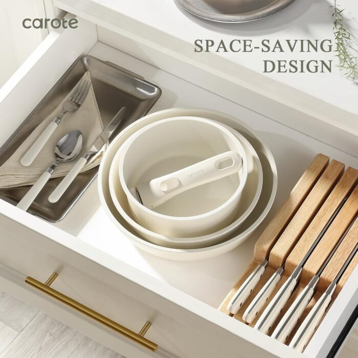 CAROTE Pots and Pans Set Non Stick, Cookware Sets, 11pcs Kitchen Set, Oven/Fridge Safe, Space Saving Pots Set, Nonstick Set with Versatile Removable/Detachable Handle, Induction RV Set, Cream White - Image 5