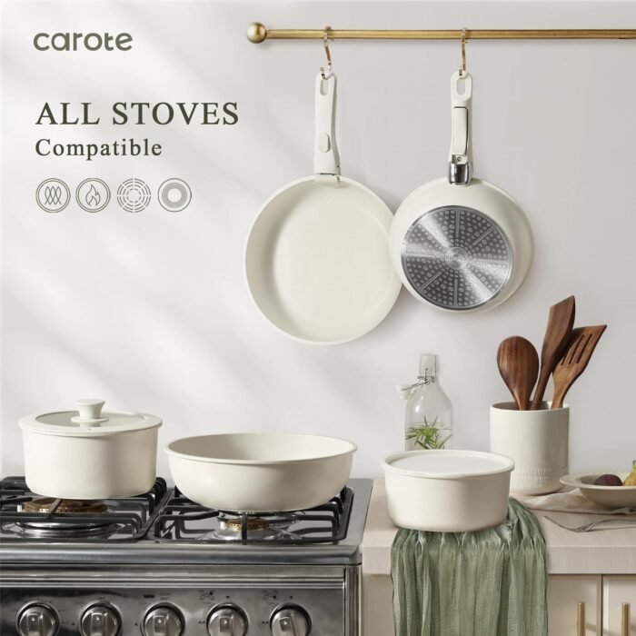 CAROTE Pots and Pans Set Non Stick, Cookware Sets, 11pcs Kitchen Set, Oven/Fridge Safe, Space Saving Pots Set, Nonstick Set with Versatile Removable/Detachable Handle, Induction RV Set, Cream White - Image 7