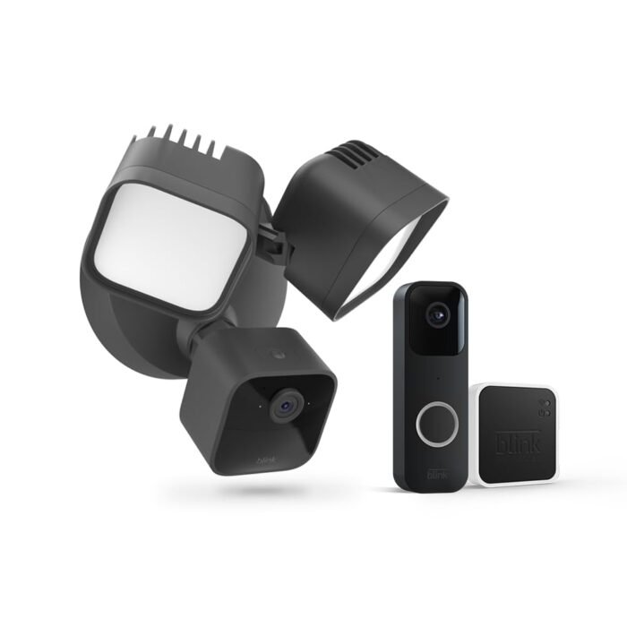 Blink Wired Floodlight Camera + Video Doorbell with Sync Module 2 | Two-way audio, HD day and night video, motion detection, Works with Alexa — (Black)