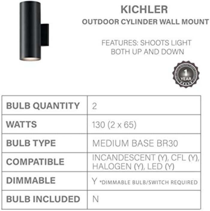 Kichler Cylinders 12" Outdoor Wall Sconce in Black, 2-Light Exterior Wall Light, Cylinder Fixture, (12" H x 5" W) , 9244BK - Image 5