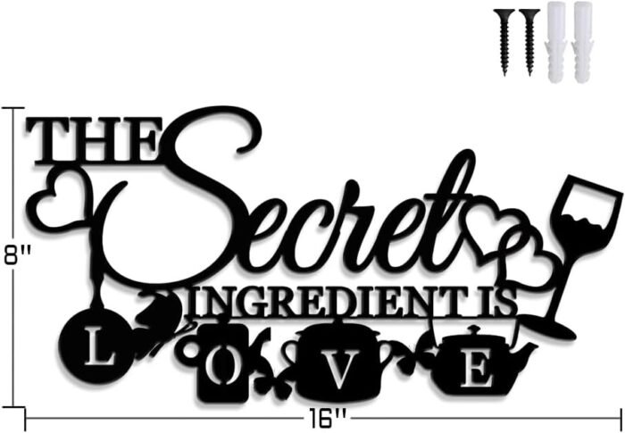XORT The Secret Ingredient is Love Metal Wall Art Sign, Farmhouse Dining Room Kitchen Wall Decor Housewarming Gift Counter Pantry Sign. (Black -16 x 8 inch) - Image 5