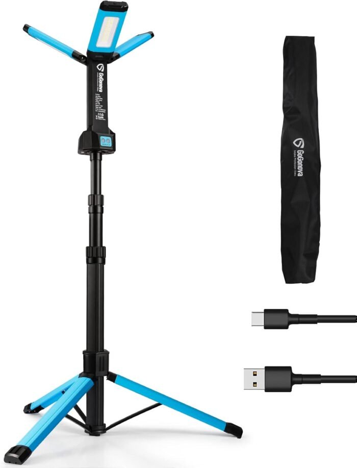 Rechargeable Work Light with Stand, GoGonova Cordless Work Light with Triple LED Lamps, 8AH Battery, 700/1200/2200 Lumen, 4000/6500K Dimmable Led Work Light Kit