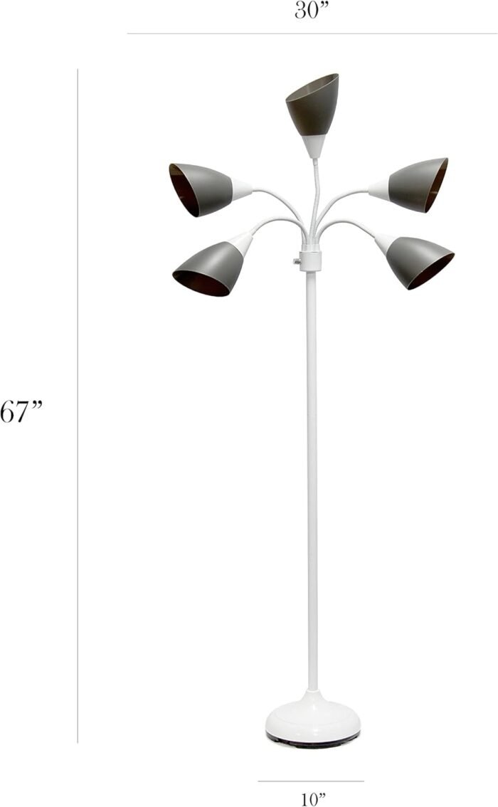 Simple Designs LF2006-GOW 67" Contemporary Multi Head Medusa 5 Light Adjustable Gooseneck White Floor Lamp with Gray Shades for Kids Bedroom Playroom Living Room Office - Image 5