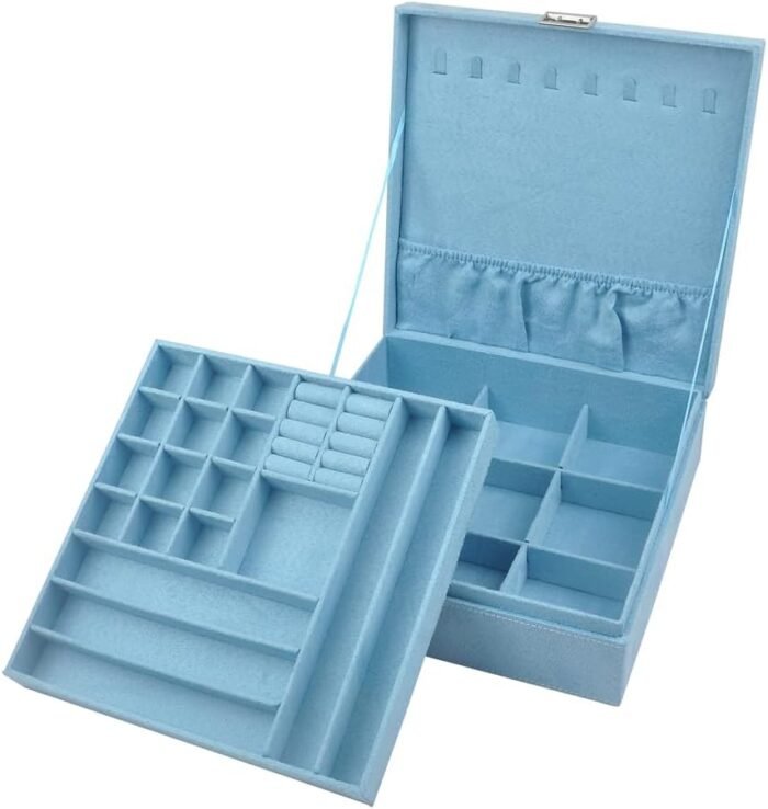 Jewelry Boxes 10 x 10 Inches 2-layer Handle Necklace Holder Organizer Jewellery Women Rings Storage Display Girls Earrings Case Lockable Jewelry Tray Blue GY641 (Blue, 2 Layer (3.34" H)) - Image 2