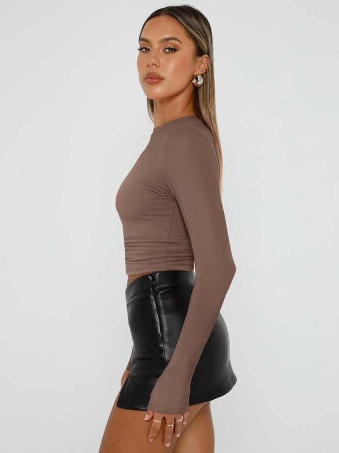 Trendy Queen Womens Long Sleeve Shirts Basic Crop Tops Tight Slim Fit Cute Teen Girls Fall Winter Y2k Clothes - Image 3