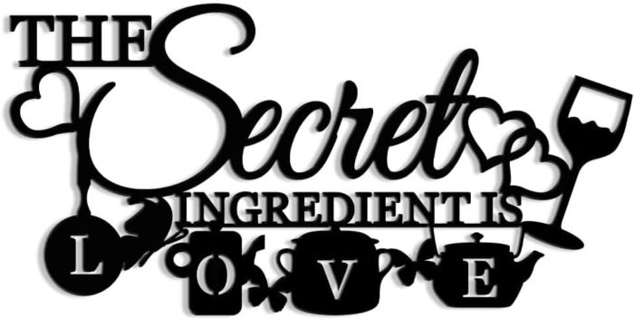 XORT The Secret Ingredient is Love Metal Wall Art Sign, Farmhouse Dining Room Kitchen Wall Decor Housewarming Gift Counter Pantry Sign. (Black -16 x 8 inch)