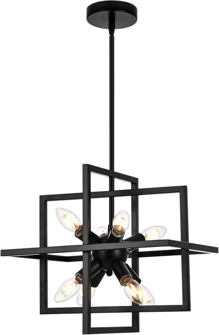 Small Modern Lantern Chandeliers, Geometric Black Pendant Lighting, 8-Light Industrial Hanging Chandelier Light Fixture for Dining Room, Kitchen, Bedroom, Foyer, Entryway, Farmhouse UL Listed - Image 9
