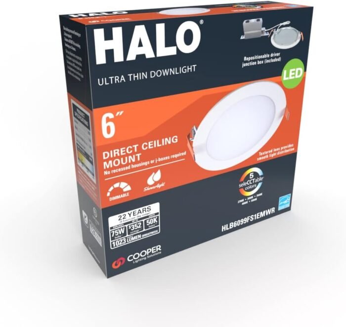 HALO HLB 6 Inch Canless Ultra-Thin Recessed Lighting LED Wafer Light for Ceiling and Shower, 6 Pack, 5 Selectable Color Temperatures, 1025 Lumens, Wet Rated, UL Certified, Energy Star - Image 3