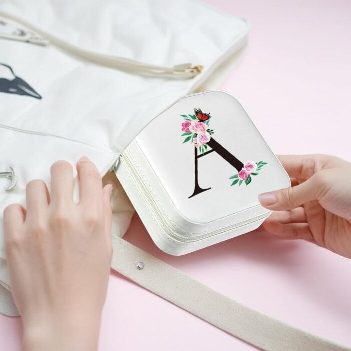 Travel Jewelry Organizer, White Mini Travel Jewelry Case Bridesmaid Gifts, Jewelry Box Personalized Gifts for Women, Ring Earring Jewelry Holder Birthday Gifts for Girls, Initial D (White, D) - Image 4