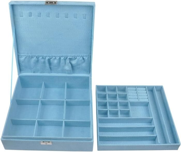 Jewelry Boxes 10 x 10 Inches 2-layer Handle Necklace Holder Organizer Jewellery Women Rings Storage Display Girls Earrings Case Lockable Jewelry Tray Blue GY641 (Blue, 2 Layer (3.34" H)) - Image 3