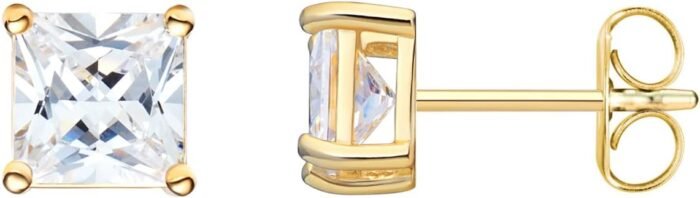 Amazon Essentials Plated Sterling Silver Cubic Zirconia Stud Earrings (Round & Princess)