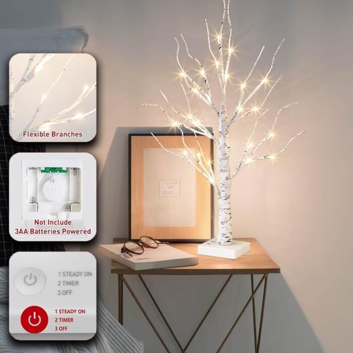 Vanthylit White Birch Tree with LED Lights - Set of 2, LED Tabletop Tree with Timer, Christmas Decorations Lighted Tree for Indoor Mantel Home Decor (2 FT, 24 LED) - Image 7