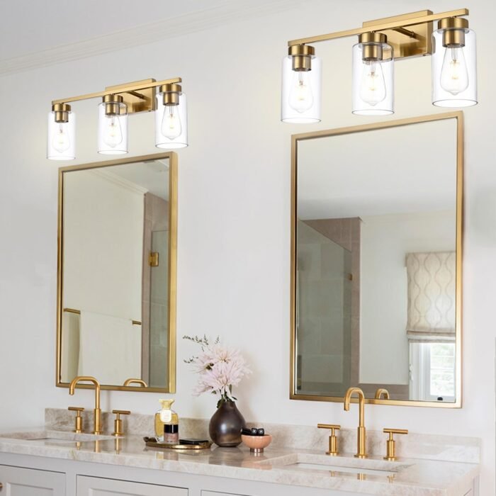 3-Light Bathroom Vanity Light, Modern Brushed Gold Wall Lights with Clear Glass Shades, Bathroom Wall Sconce Lamp for Mirror Living Room Bedroom Hallway - Image 7