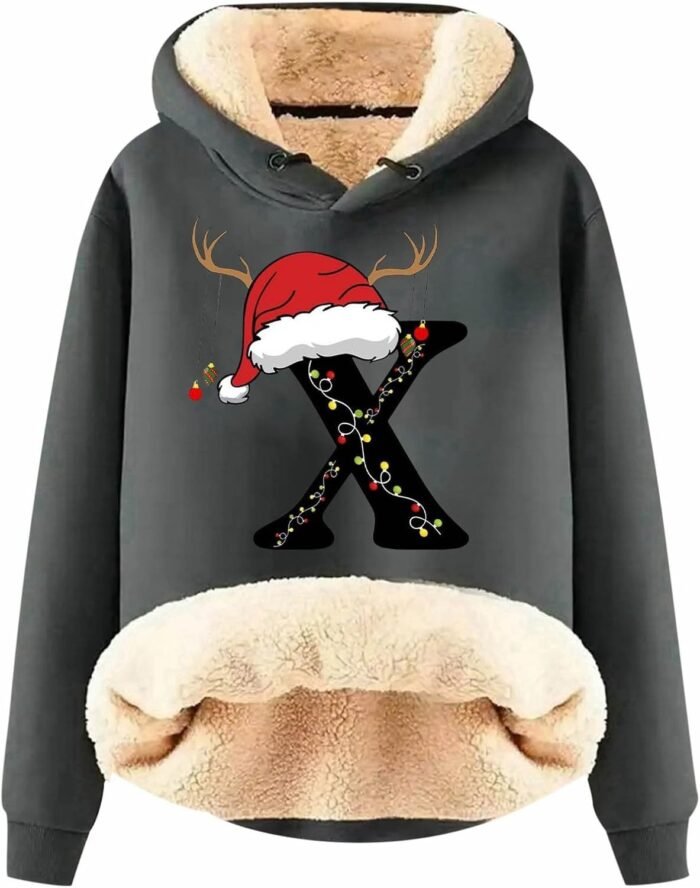 Women's Christmas Letters Printed Hoodie Thick Wool Winter Warm Pullover Tops Fashion Sweatshirt Womens Shirt