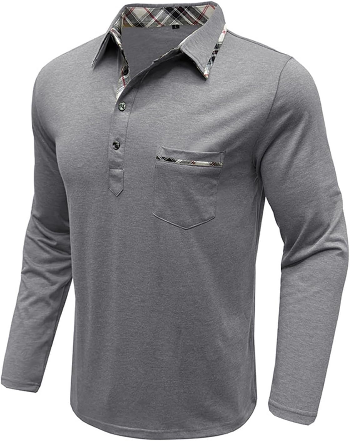 Mens Long Sleeve Polo Shirts Flip Collar Golf Tops Button V Neck Solid Color T Shirts Casual Cotton Tees with Pocket - Image 3