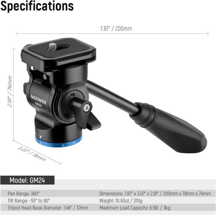 NEEWER Tripod Fluid Head Pan Tilt Head with Arca Type Quick Release Plate and Handle, Metal Panorama Head with Scaled Base (⌀37mm) for Compact Video Camera DSLR Camera, Load up to 6.6lb, GM24 (Blue) - Image 3
