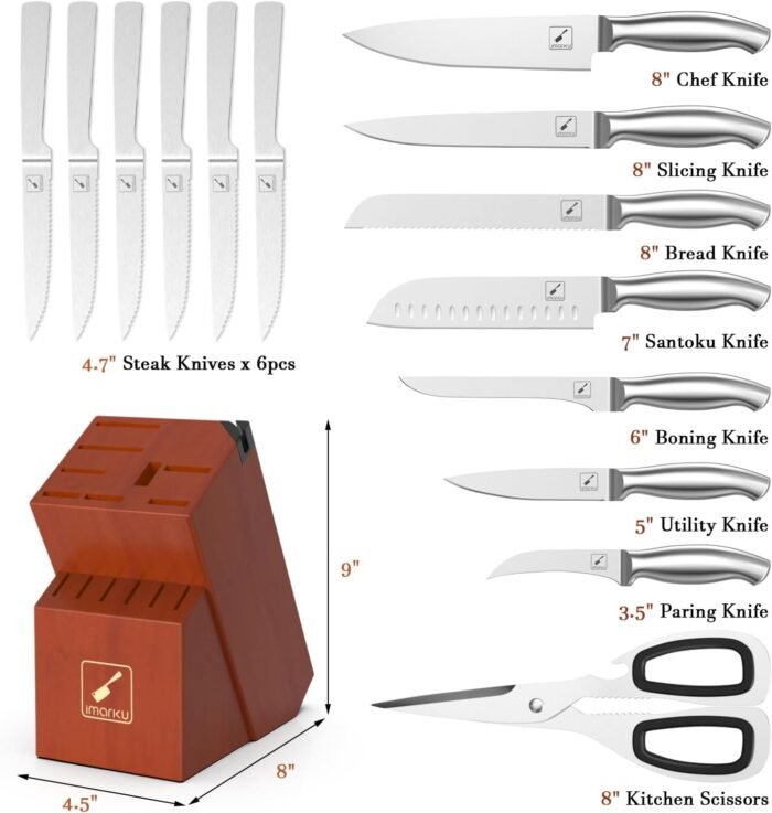 Imarku Knife Set, 15 Pieces Kitchen Knife Set with Block, High Carbon-Stainless Steel Kitchen Knives with Built-in Sharpener, Professional Knife Block Set for Christmas Gifts, Brown - Image 5
