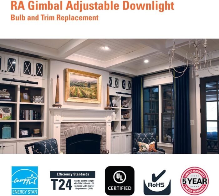 HALO RA 6 inch Gimbal LED Recessed Adjustable Light Trim, Selectable 600/900 Lumens, 5 Selectable Color Temperatures Plus Dim to Warm, 120-Volt, White - Image 9