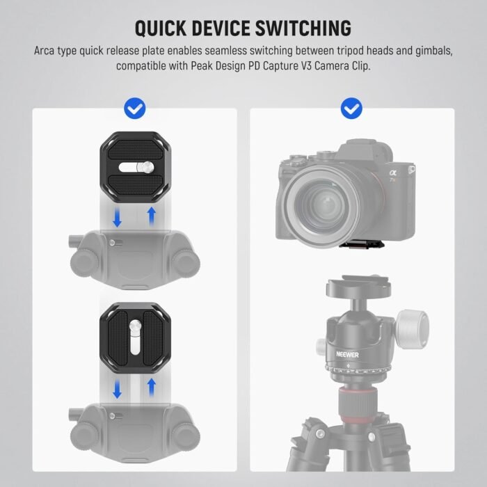 Neewer GM34 Camera Quick Release Plate Kit, Quick Switch Auto Lock Square QR Mount Plate with Arca Type Clamp Base, Compatible with Arca Swiss Peak Design Capture V3 Camera Clip, Max Load 11lb/5kg - Image 5