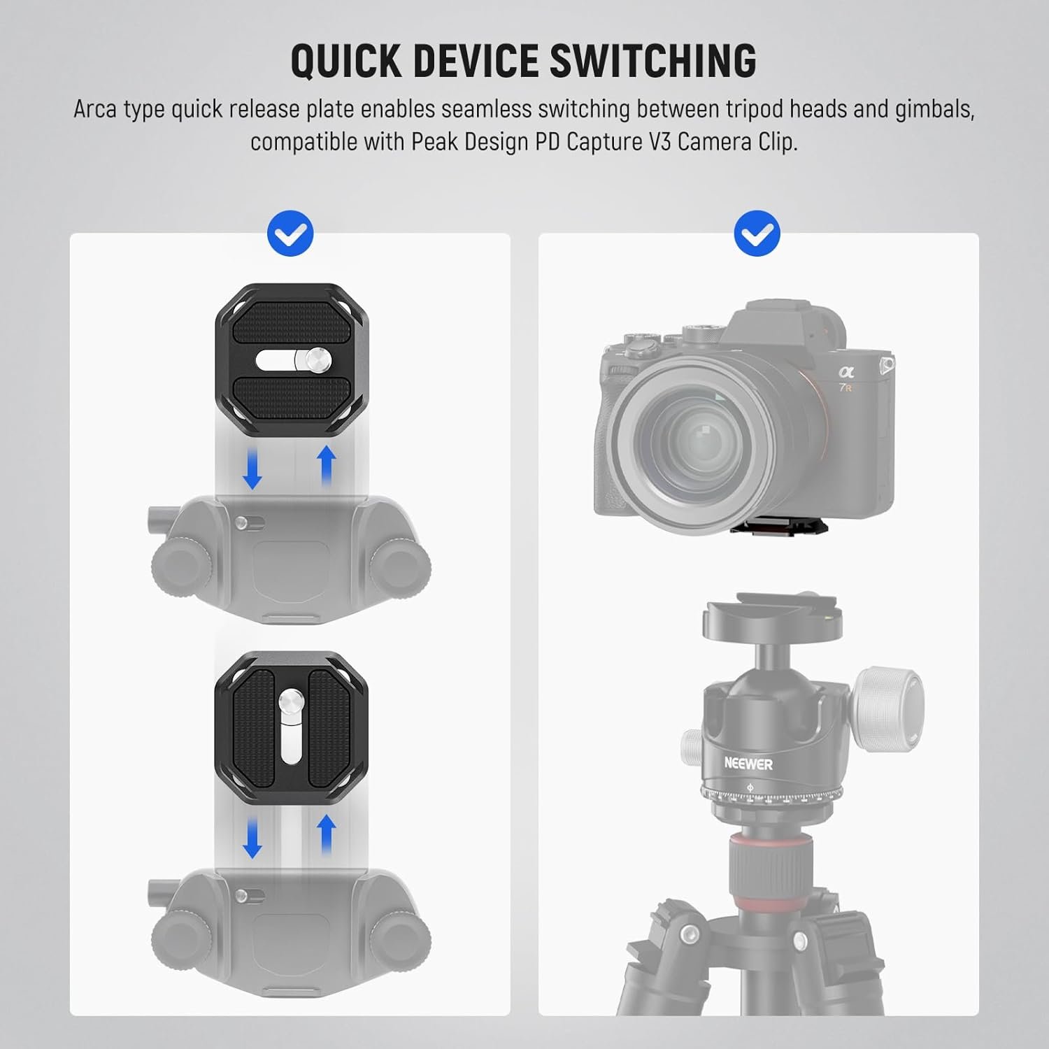 Neewer GM34 Camera Quick Release Plate Kit, Quick Switch Auto Lock Square QR Mount Plate with Arca Type Clamp Base, Compatible with Arca Swiss Peak Design Capture V3 Camera Clip, Max Load 11lb/5kg - Image 5