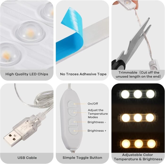 Consciot LED Vanity Lights for Mirror, Hollywood Style Mirror Strip, Adjustable Color & Brightness, USB Cable, Dimmable Makeup Stick on Table Dressing Room Mirror,White - Image 3