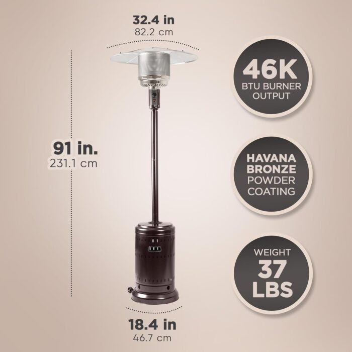 Amazon Basics 46,000 BTU Outdoor Propane Patio Heater with Wheels, Commercial & Residential, Havana Bronze, 32.1 x 32.1 x 91.3 inches (LxWxH) - Image 2