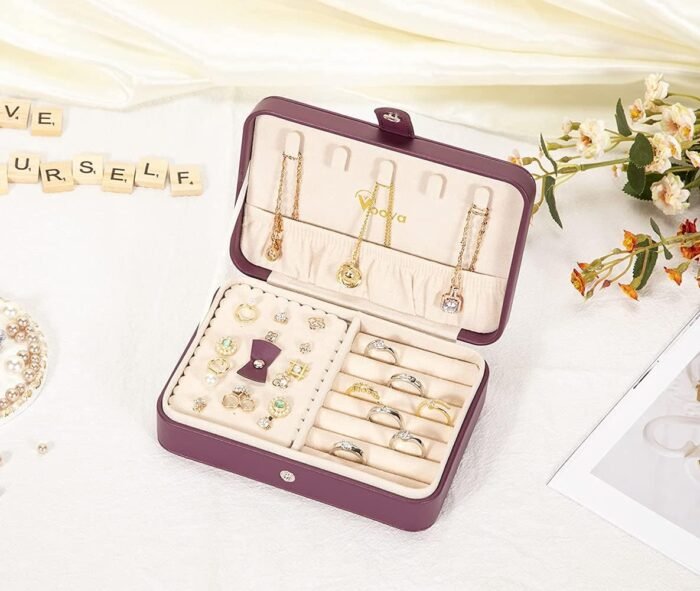 Voova Small Jewelry Organizer Box, Travel Jewelry Case for Women Teen Girls, Mini PU Leather Portable Jewellery Storage Boxes Holder with Smart Earrings Plate for Necklaces Rings Bracelets, Purple - Image 5