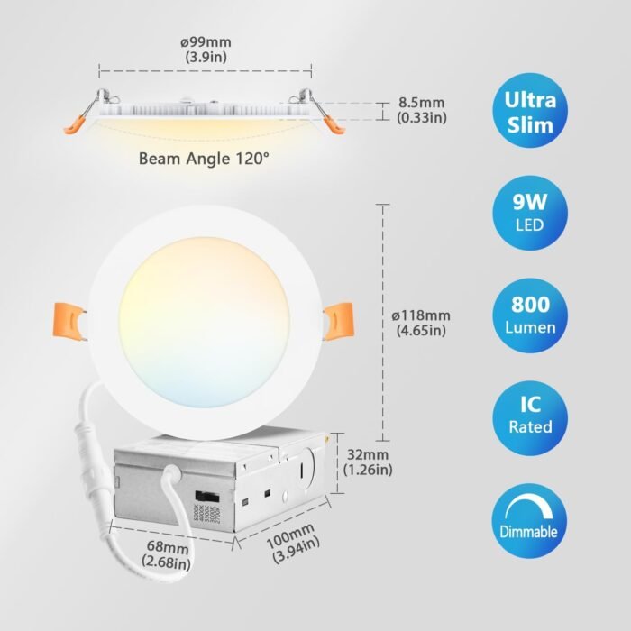 LVWIT 6 Pack 4 Inch LED Recessed Lighting with Junction Box, 5CCT Dimmable LED Downlight,9W Ultra-Thin Modern Led Ceiling Light, 2700/3000/3500/4000/5000K Selectable Led Can Lights,Smooth Trim - Image 3