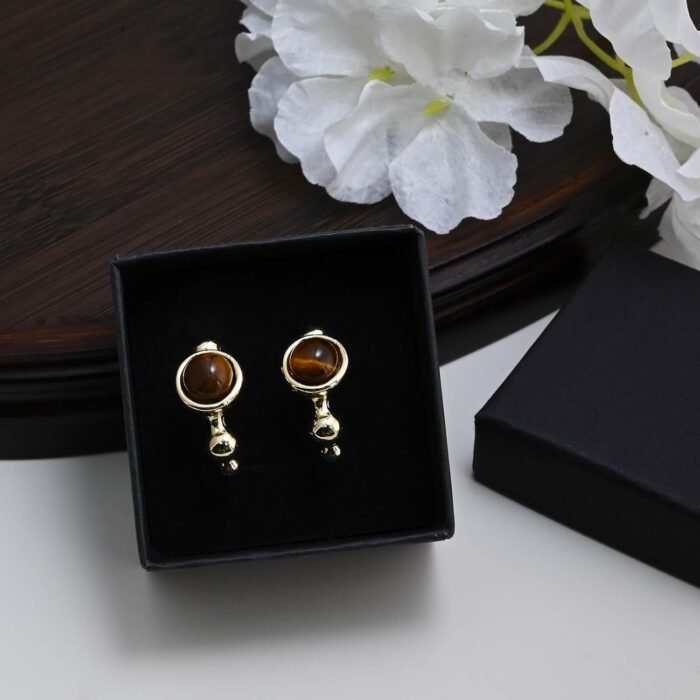 Tiger Eye Earrings for Women Gold Hoop Earrings Brown Gemstone Earrings Tiger Stone Earrings for Gift - Image 7