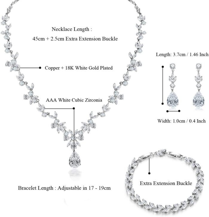 Hadskiss Jewelry Set for Women, Necklace Dangle Earrings Bracelet Set, Jewelry Set with White AAA Cubic Zirconia, Allergy Free Wedding Party Jewelry for Bridal Bridesmaid - Image 2