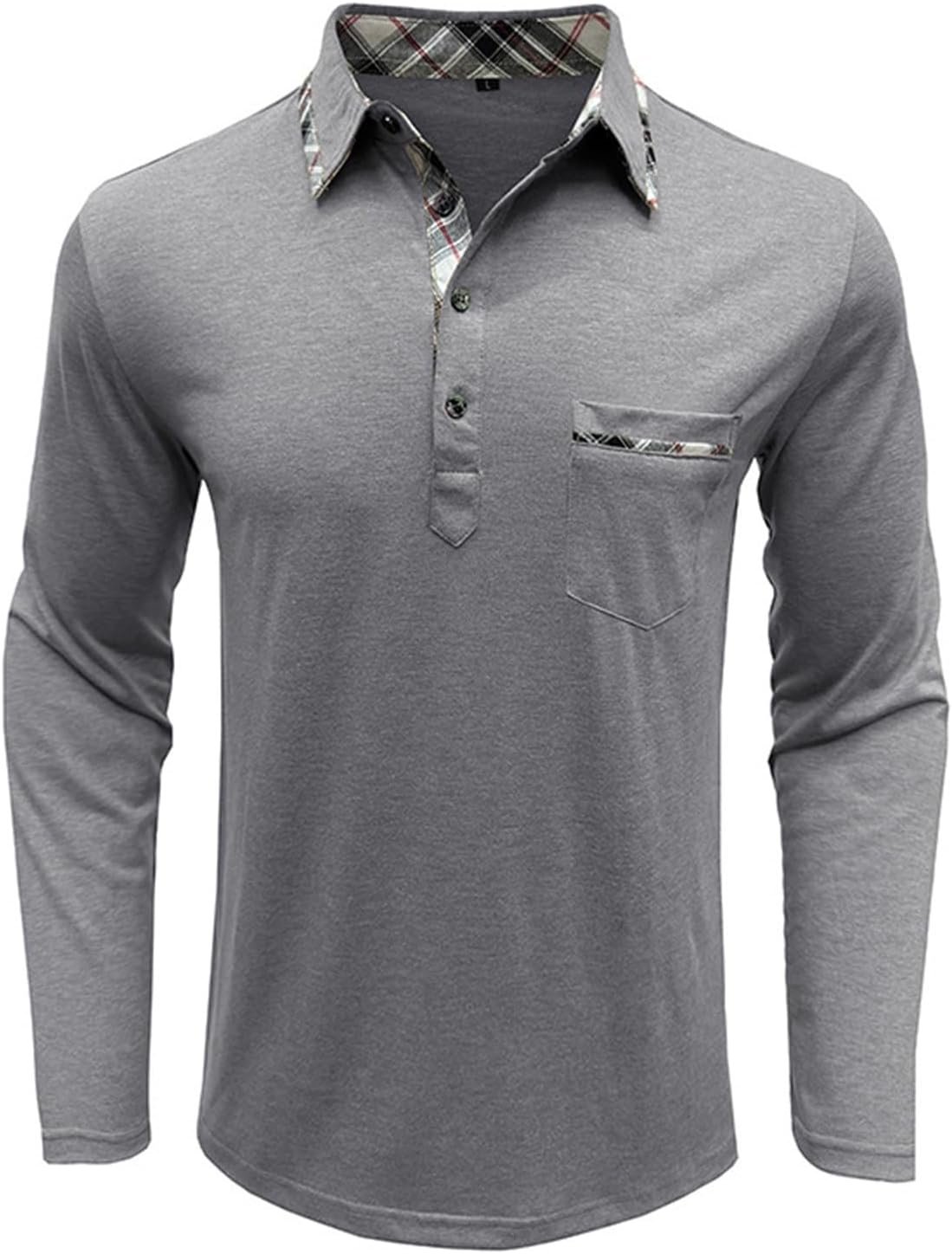 Mens Long Sleeve Polo Shirts Flip Collar Golf Tops Button V Neck Solid Color T Shirts Casual Cotton Tees with Pocket - Image 2