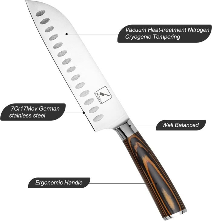 imarku Santoku Knife, 7 inch Kitchen Knife Ultra Sharp Cooking Knife Japanese Chef Knife - German HC Stainless Steel 7Cr17Mov - Ergonomic Pakkawood Handle, Christmas Gifts for Women/Men, Orange - Image 2