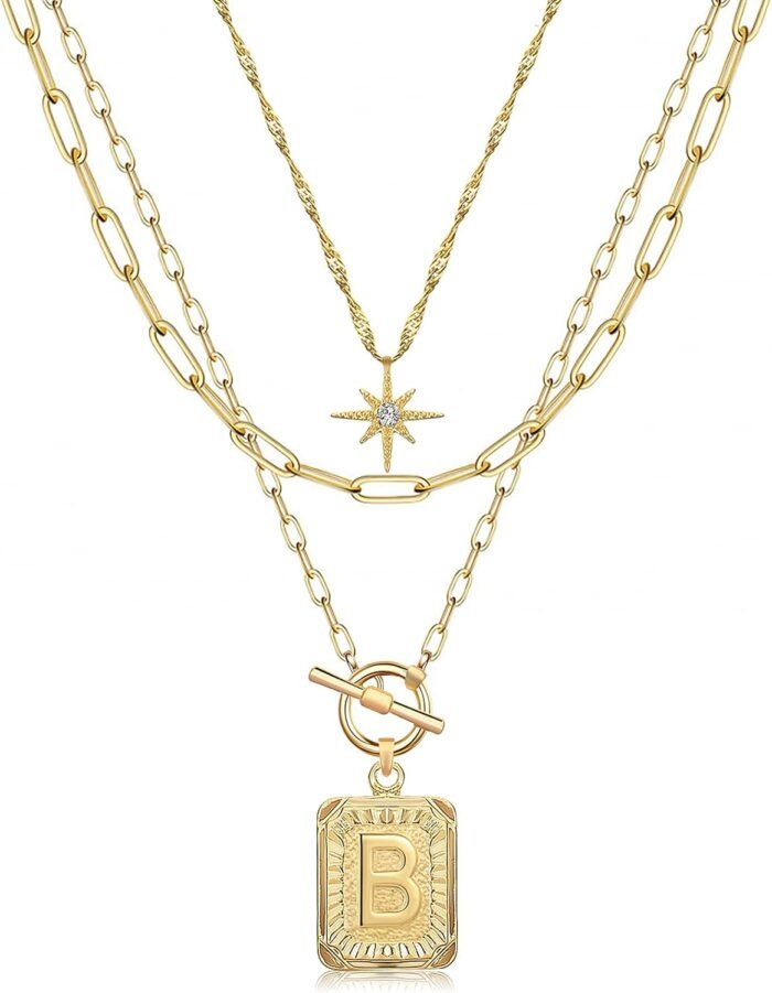 MJartoria Layered Initial Necklaces for Women Trendy, 14K Gold Plated Simple Star Choker Square Letter Pendant Necklace, Paperclip Chain Necklace, Gold Necklaces Jewelry Gifts