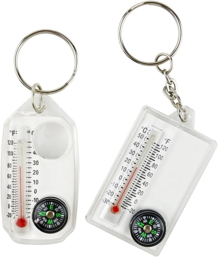1Pc White Small Compasses Thermometer Keychain,Gear for Camping Hiking Backpacking Survival Key Hook Camping Compasses Electronics and Gadgets,Mini Pocket Sized Keyring Compasses