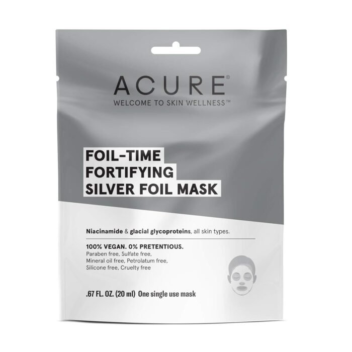 Acure Foil-Time Fortifying Silver Mask | 100% Vegan | Traps Heat to Open Pores For Superior Serum Delivery | Niacinamide & Glacial Glycoproteins - For Rejuvenated & Refreshed Apprearance | 1 Count (ACO02146)
